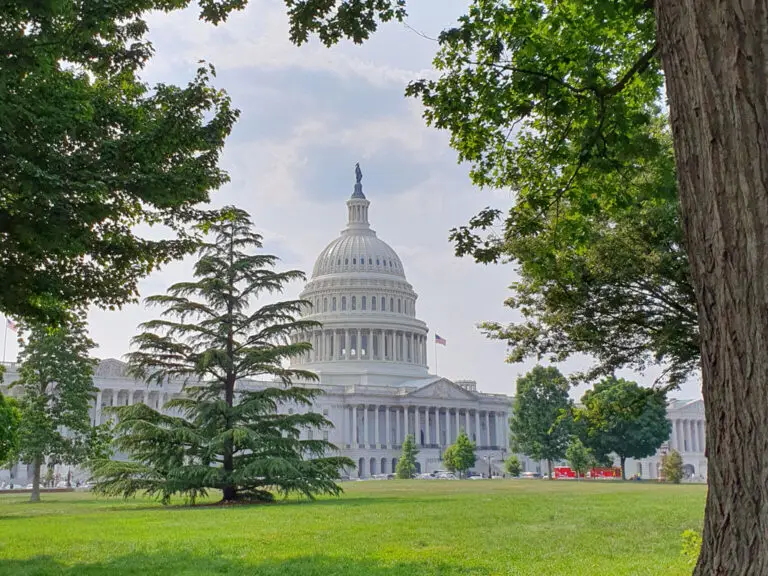 Zwischen Bäumen lässt sich das Capitol erspähen. Den U.S. Congress kann man umsonst besuchen, was ich auch mehrfach getan habe. So nah ist man dem Politikgeschehen selten.